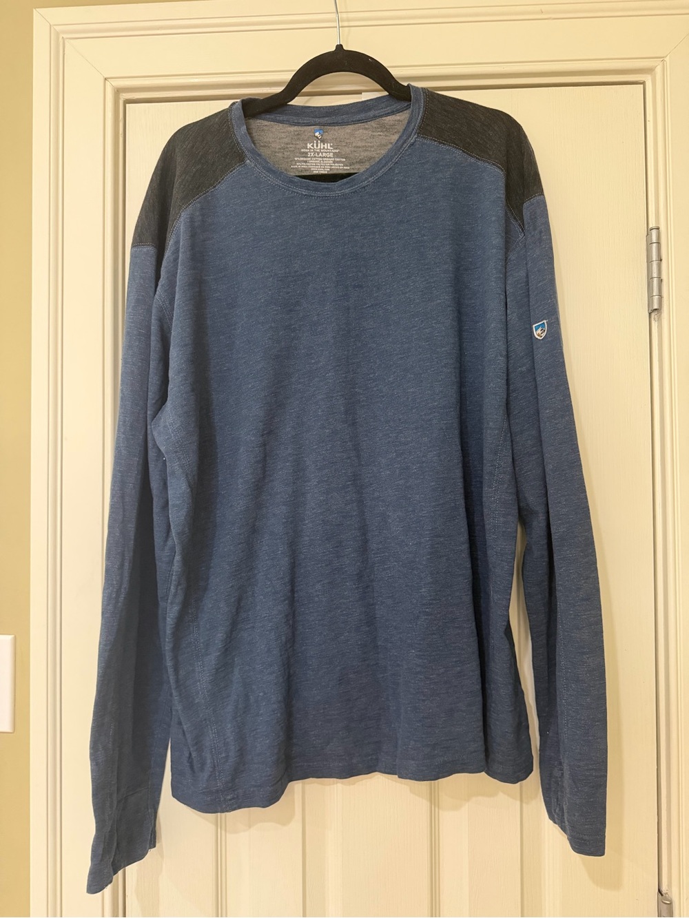 Kuhl Men's Long Sleeve Raglan Shirt in Slate Blue with Charcoal Shoulders